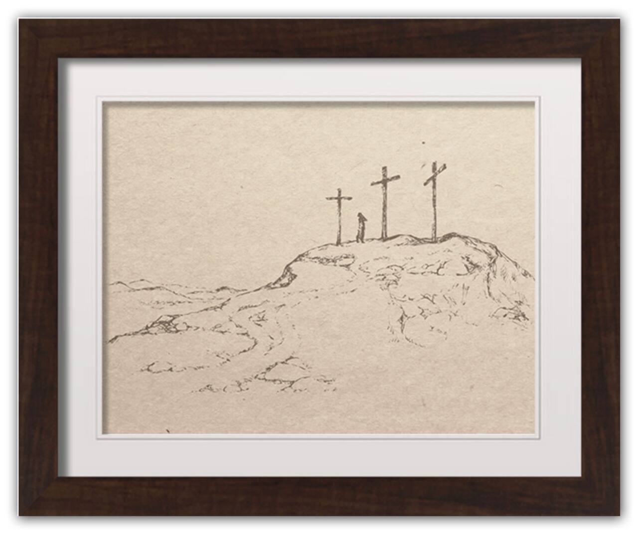 Crosses On Hill Sketch 6 16" x 20" Walnut Framed Print Under Plexiglass
